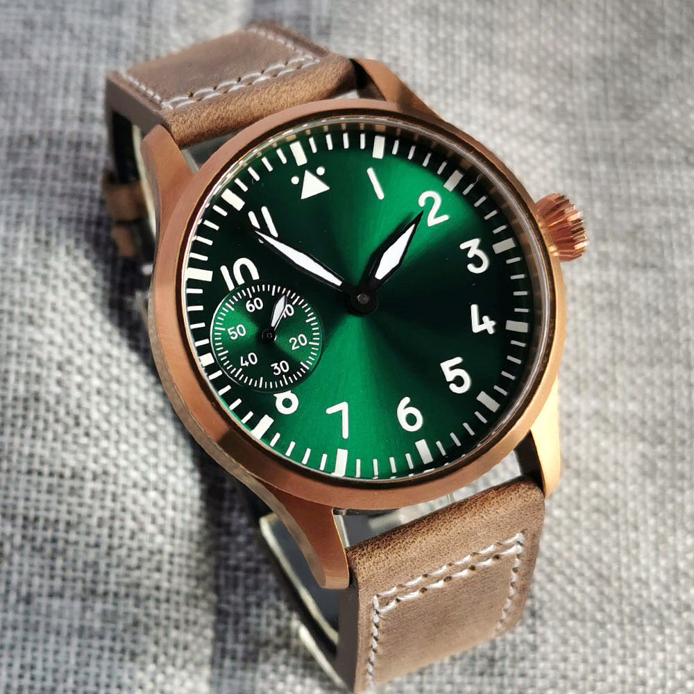 Bronzed PVD Mechanical Hand WInding Men Watch Sunburst Blue Green Dial Luminous
