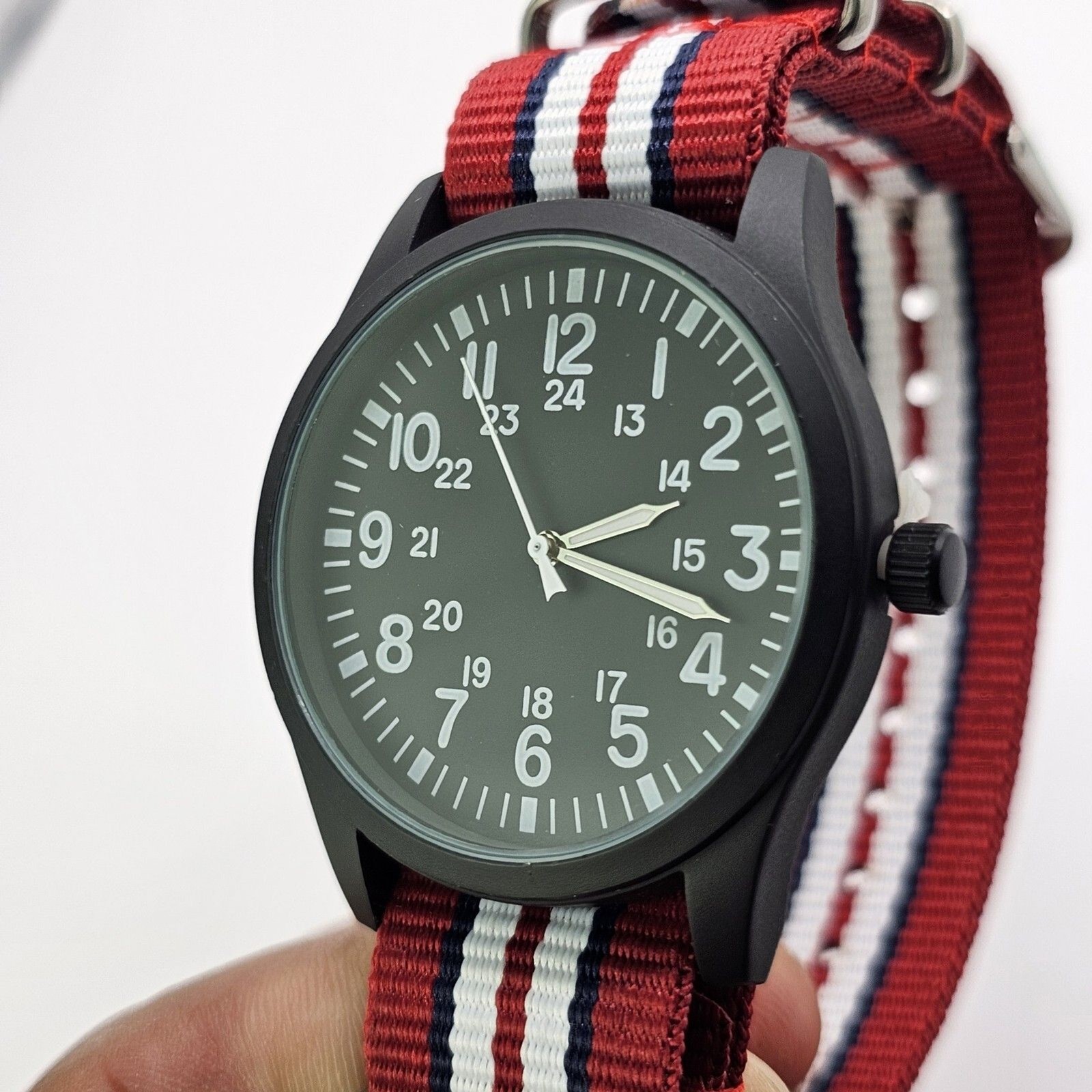 Men’s Military Watch 42MM Large Case Black Dial Red Blue White Canvas Band Strap