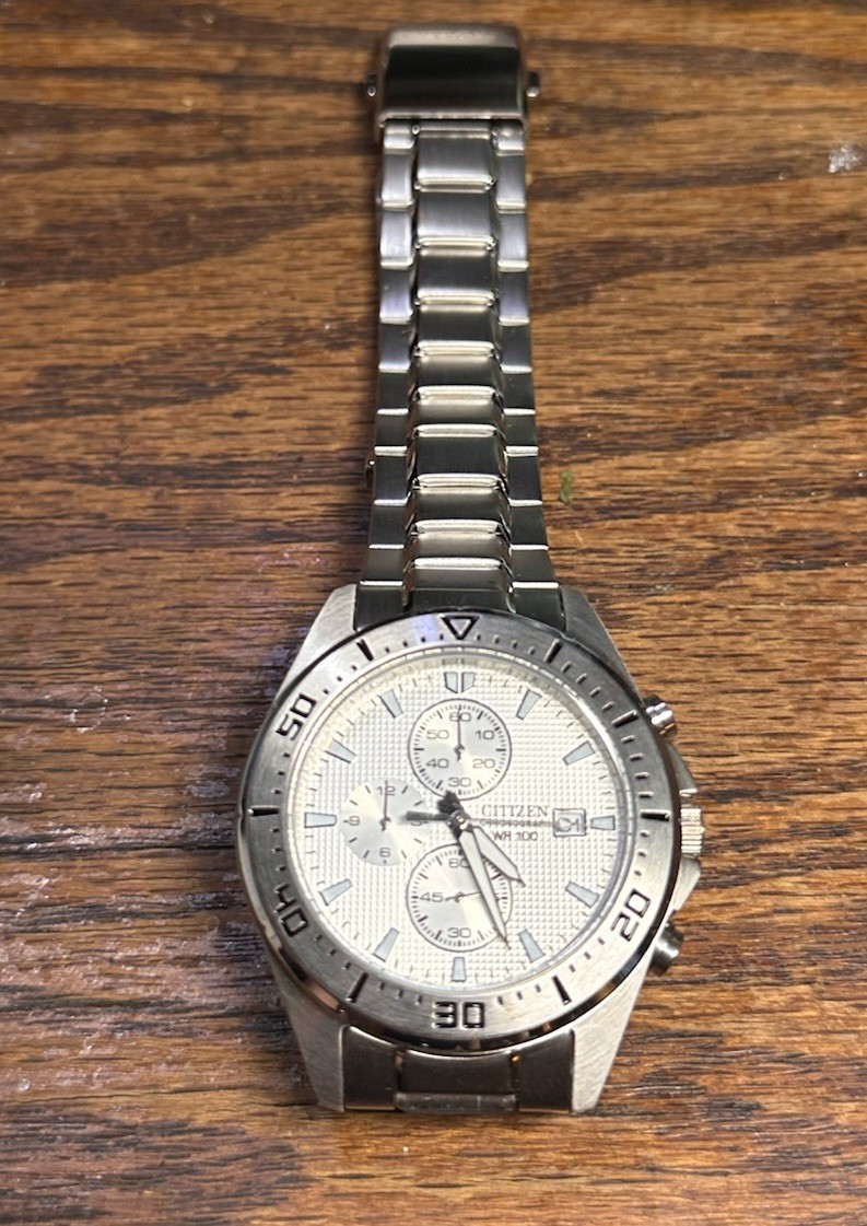 Citizen Chronograph WR100 Quartz Date 100m Silver Dial SS Bracelet 42mm