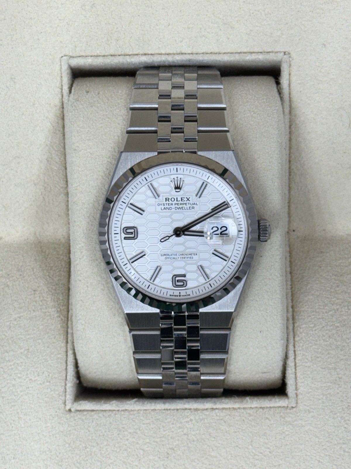2025 Rolex Land-Dweller 127234 Steel Honeycomb White Dial 36mm Watch!