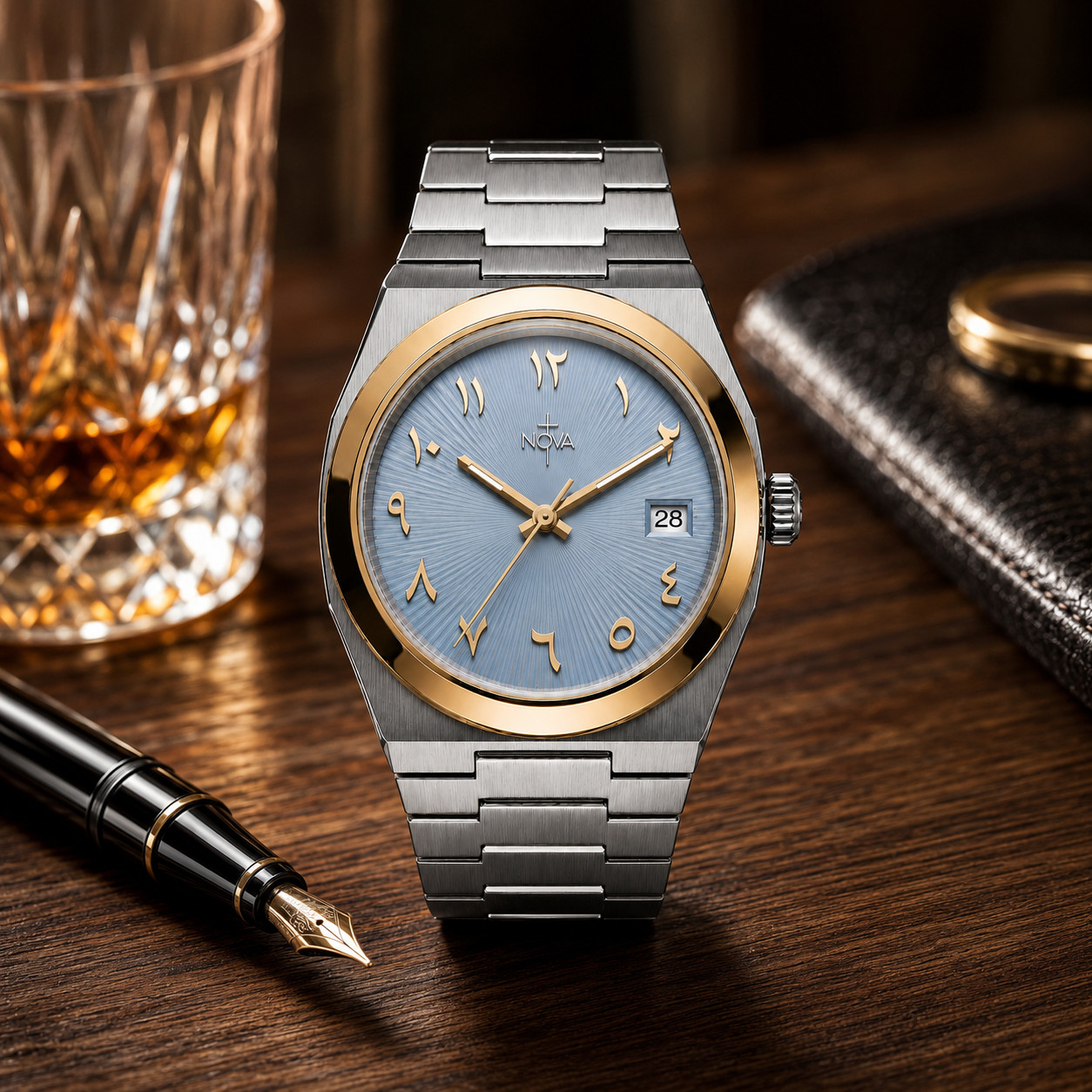 Nova Christian Covenant Custom Watch Ice Blue Arabic Dial Two Tone Date
