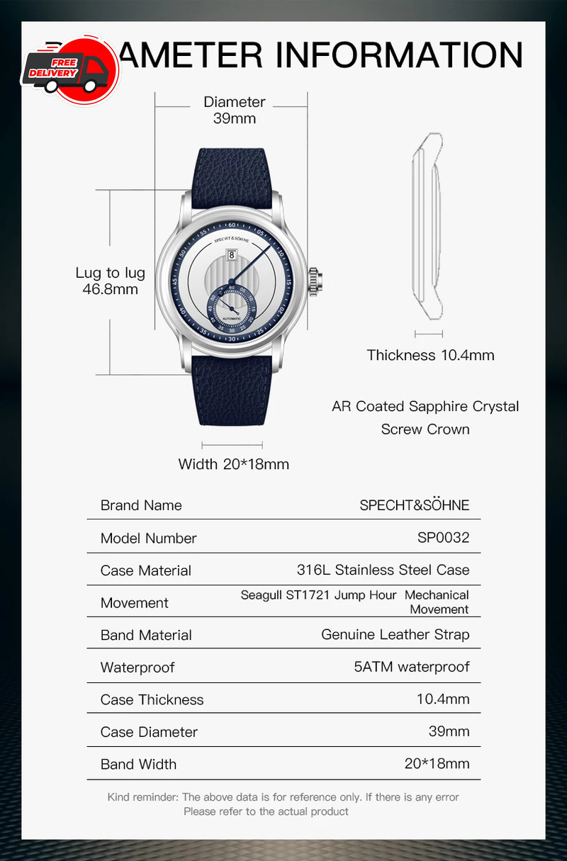 Specht & Söhne Men’s 39mm Jumping Hour Automatic Watch Sapphire Crystal Leather
