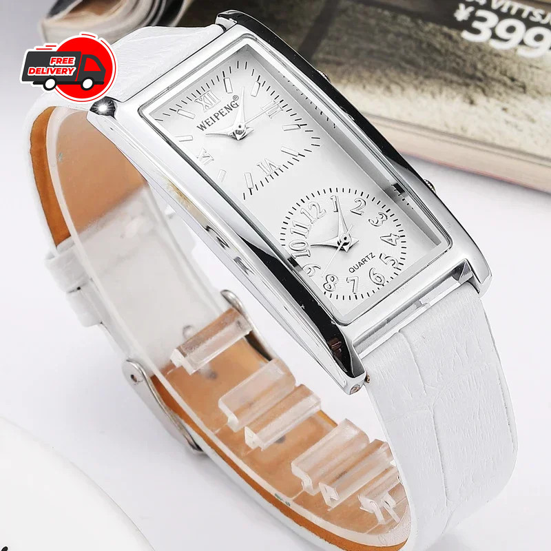 Dual Time Zone Men’s Women’s Quartz Rectangle Wrist Watch Black PU Leather Band