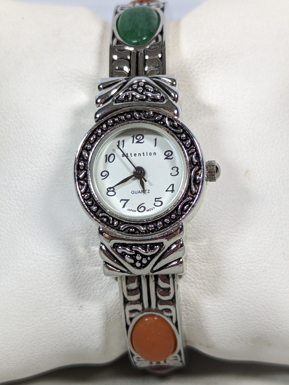 White Dial Silver Tone Multicolor Glass Bead Open Cuff Hinge Band Watch 6.5 Inch