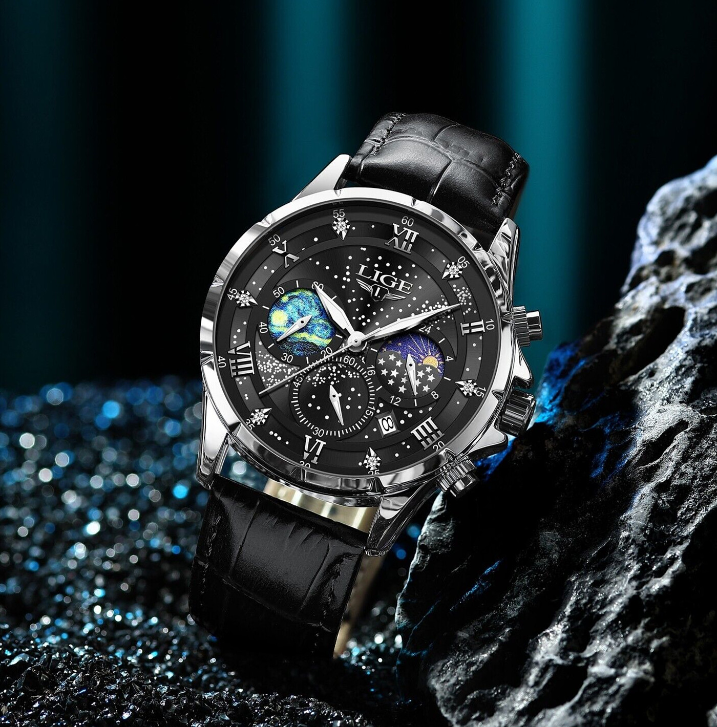Men Watch Chronograph Sport Watches Date Moonphase Male Leather Wristwatch Gift