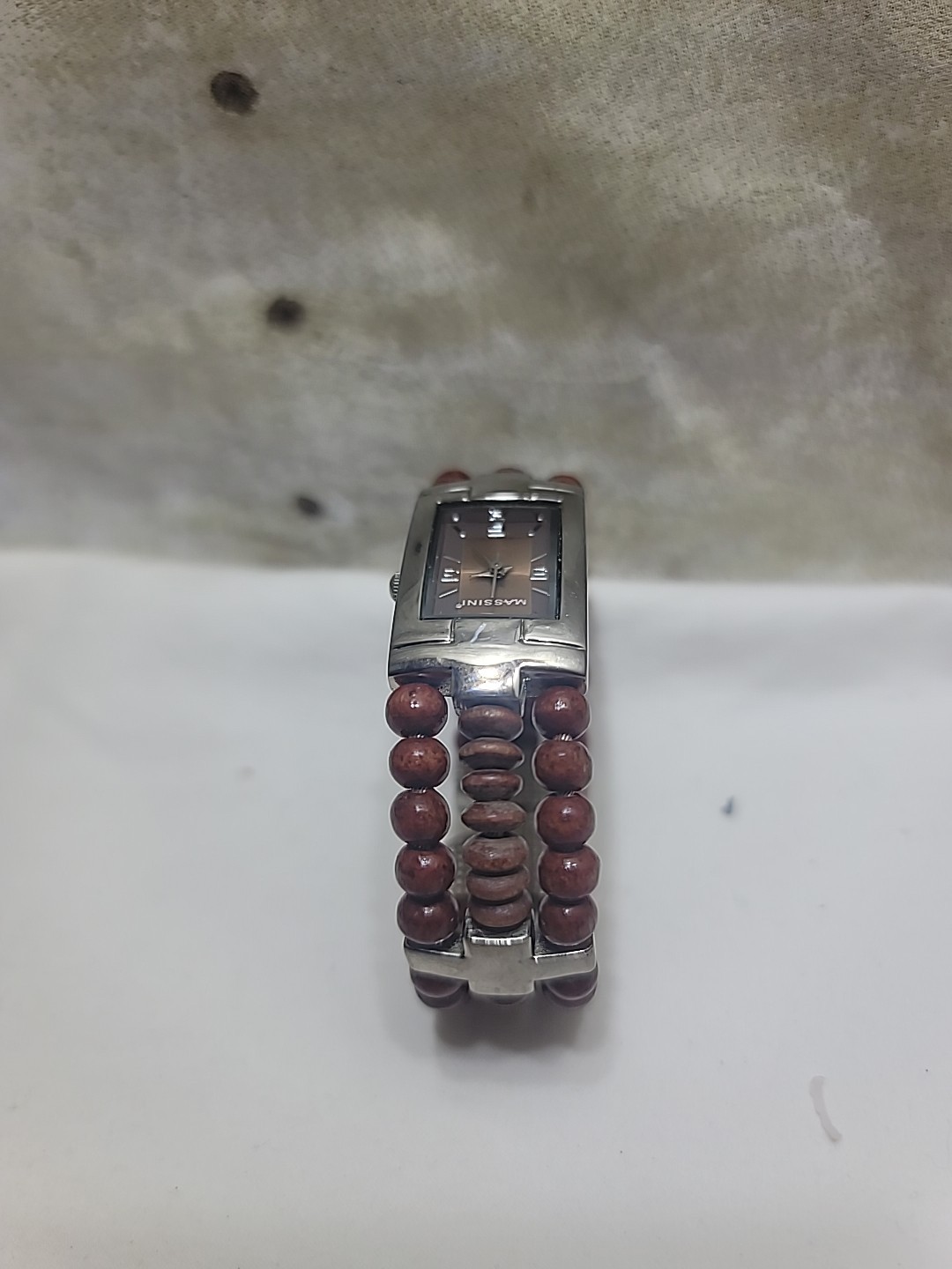 Women’s Massini Silver Tone Wooden Bead Watch BOHO Flex Cuff Bracelet Running
