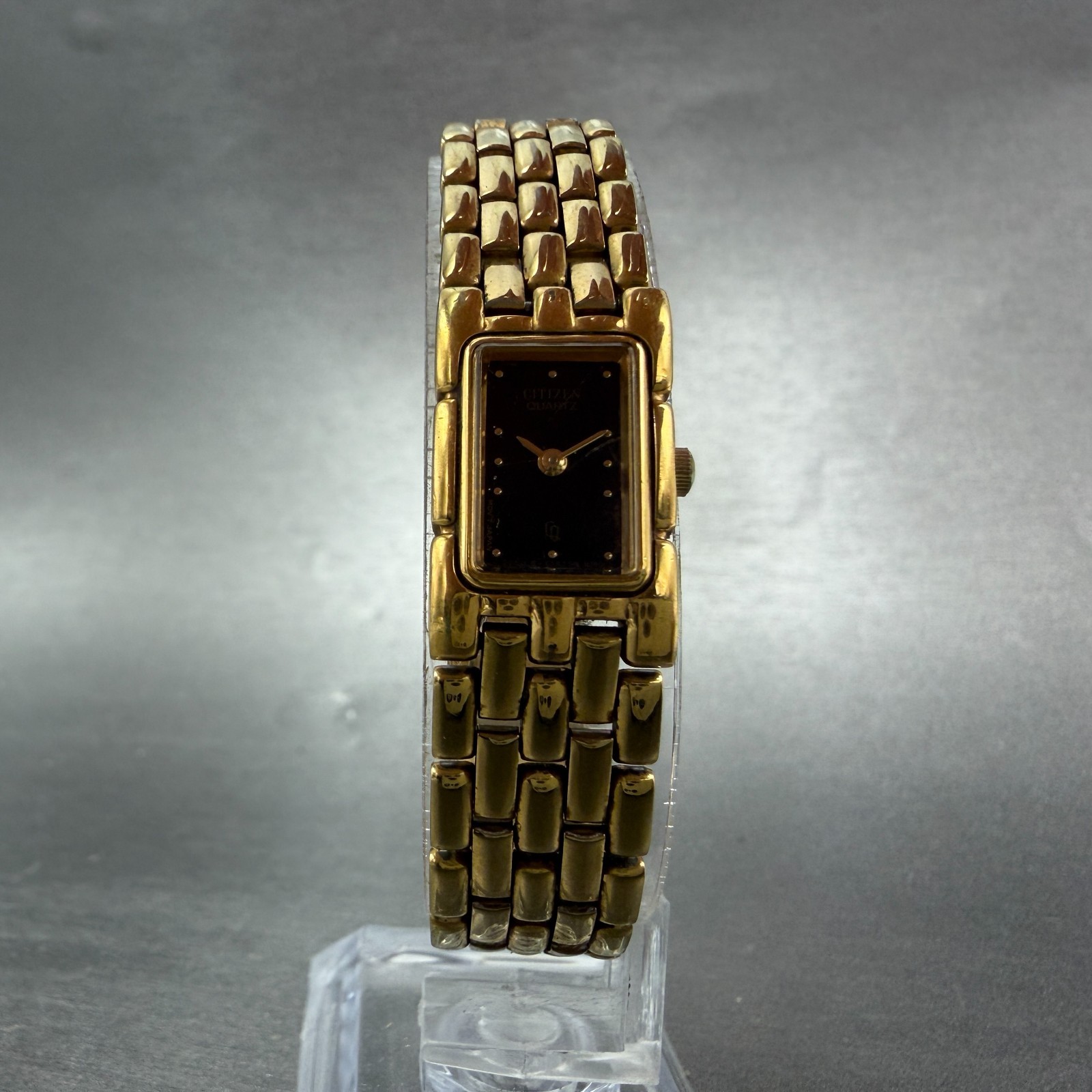 Citizen CQ Tank Watch Women 14mm Black Dial Gold Tone Rectangle New Battery VTG7