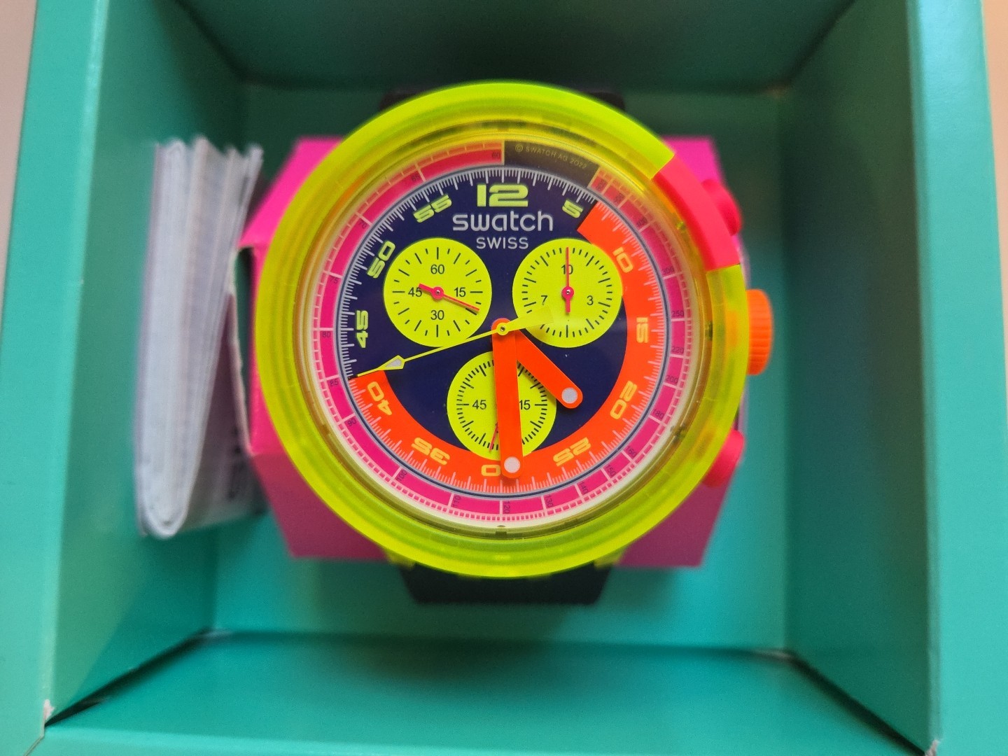 SWATCH NEON TO THE MAX Watch SB06J100 Big Bold Chronograph 2023 Swiss WR 100ft