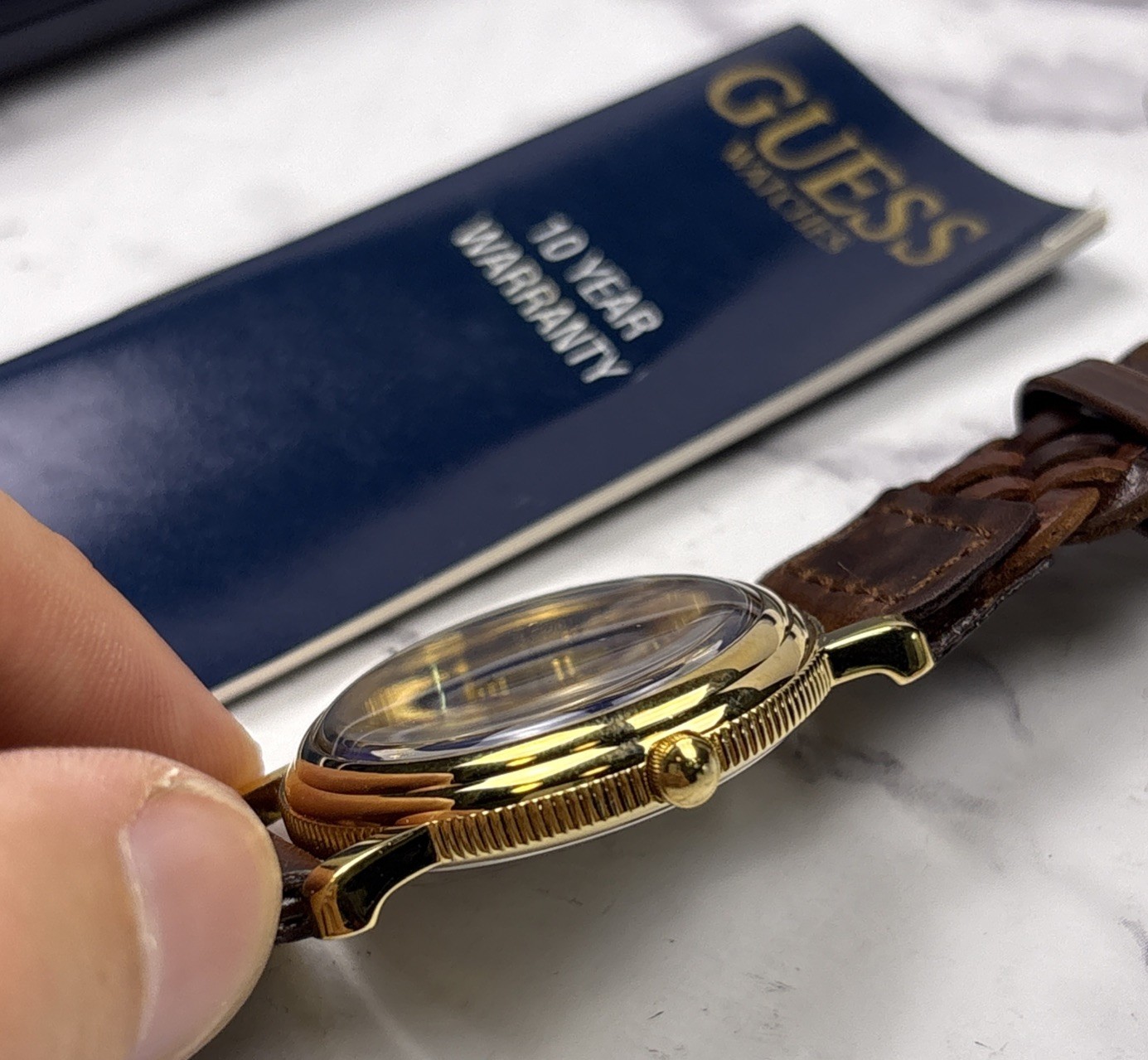 NEW Vintage Guess watch gold Blue face & brown logo band in original box 1993