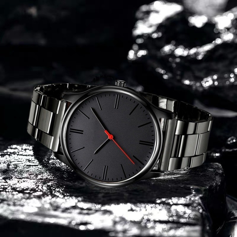 Black Analog Wristwatch Black Dial Stainless Steel Bracelet Red Seconds Hand