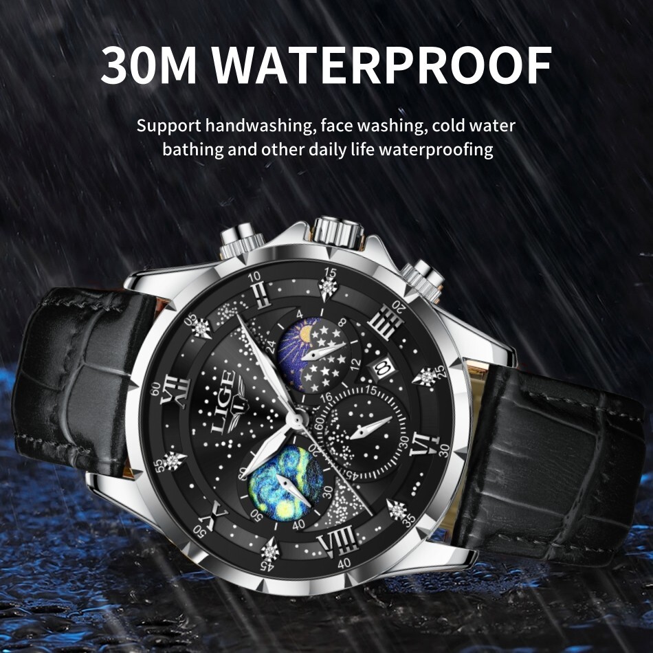 Men Watch Chronograph Sport Watches Date Moonphase Male Leather Wristwatch Gift
