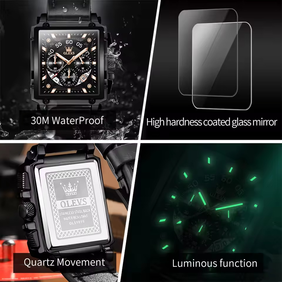 OLEVS 9919 Square Quartz Wristwatch  Waterproof Luminous Sports Men’s Watch