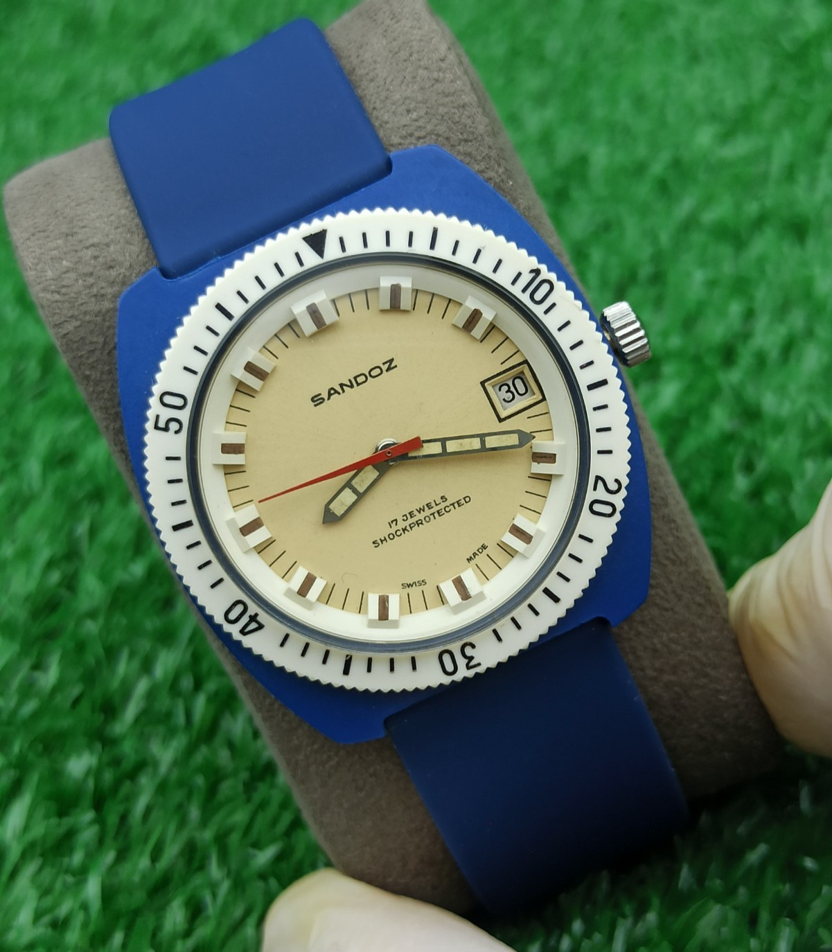 HYPER-RARE SANDOZ INCABLOC JUMBO DIVER BLUE WATCH MECHANICAL SWISS 1970s
