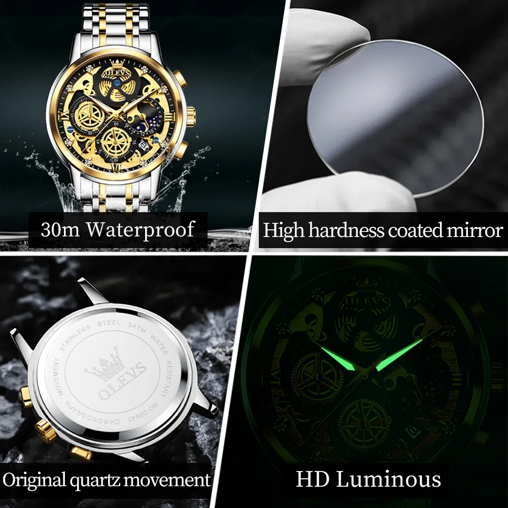 KC OLEVS Mens Watch Stainless Steel Business Wristwatch Date Luminous Quartz