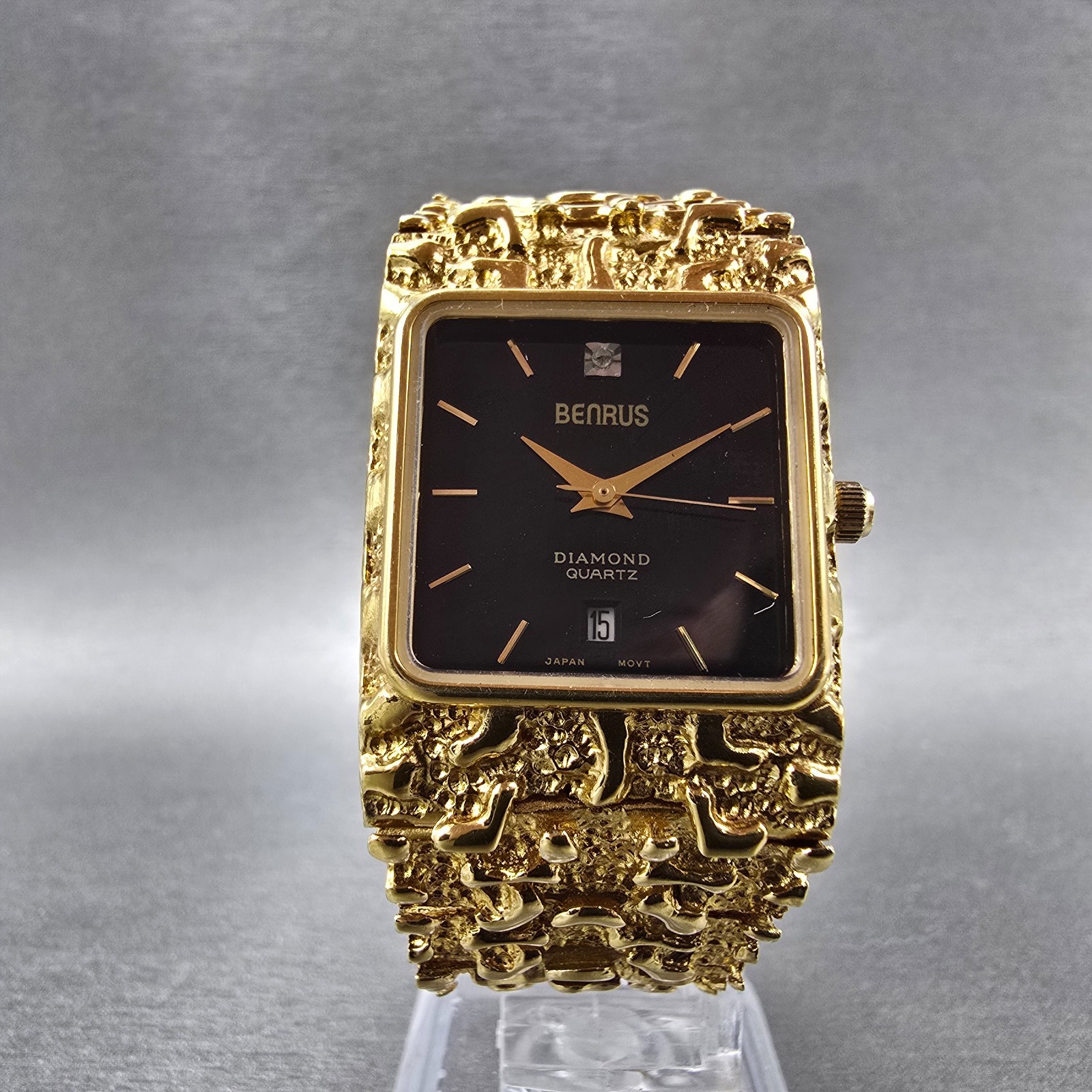 Benrus Gold Nugget Watch Unisex 28mm Black Dial Gold Tone Date Rectangle New bat
