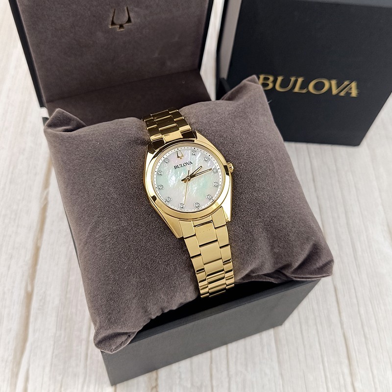 Bulova Surveyor 97P172 Gold/White Dial Women Quartz Diamonds Watch 31mm