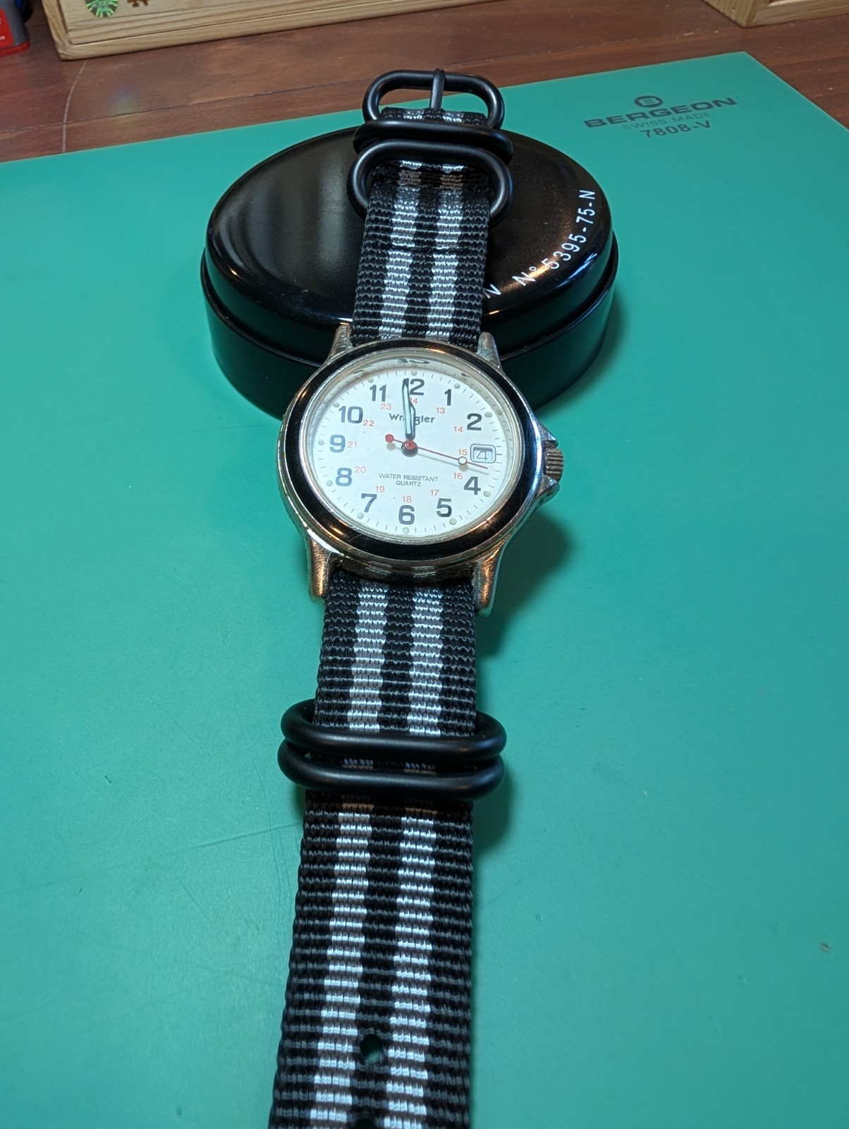 Wrangler Quartz Analog Watch Date Water-Resistant White Dial Black/Gray Nylon