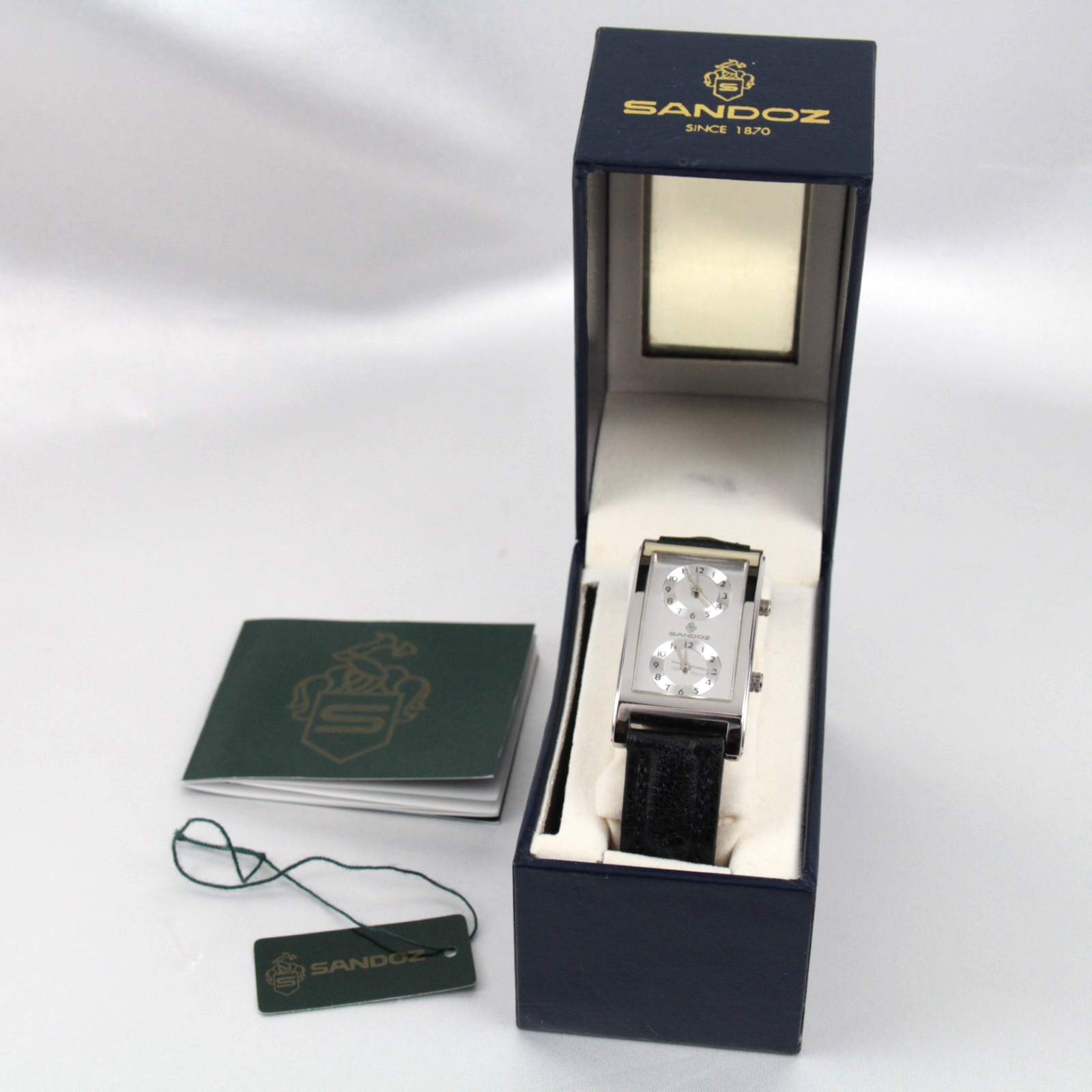 SANDOZ Dual Time Quartz Men’s Watch Silver Dial 22 x 36mm w/Original Box