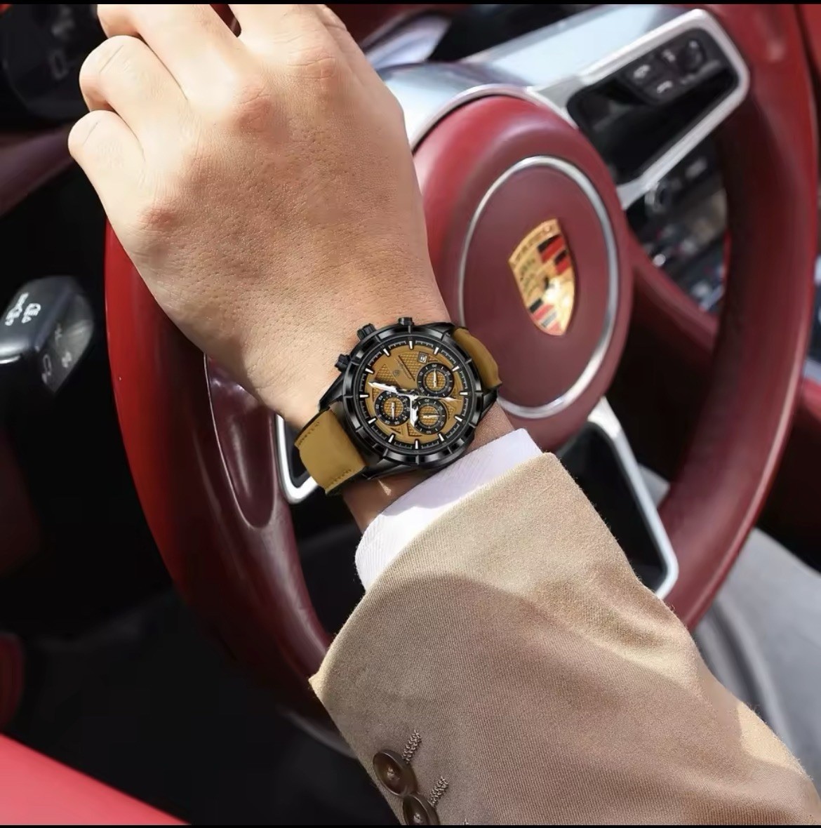 posdaar Men’s Quartz Watch Brown Dial Date Luminous 3ATM Leather Strap 44-47mm