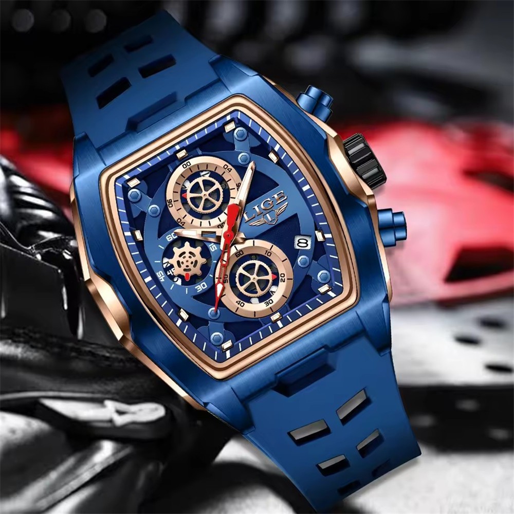 LIGE Men Silicone Watch Rectangle Sport Wristwatch Chronograph Date Male Watches