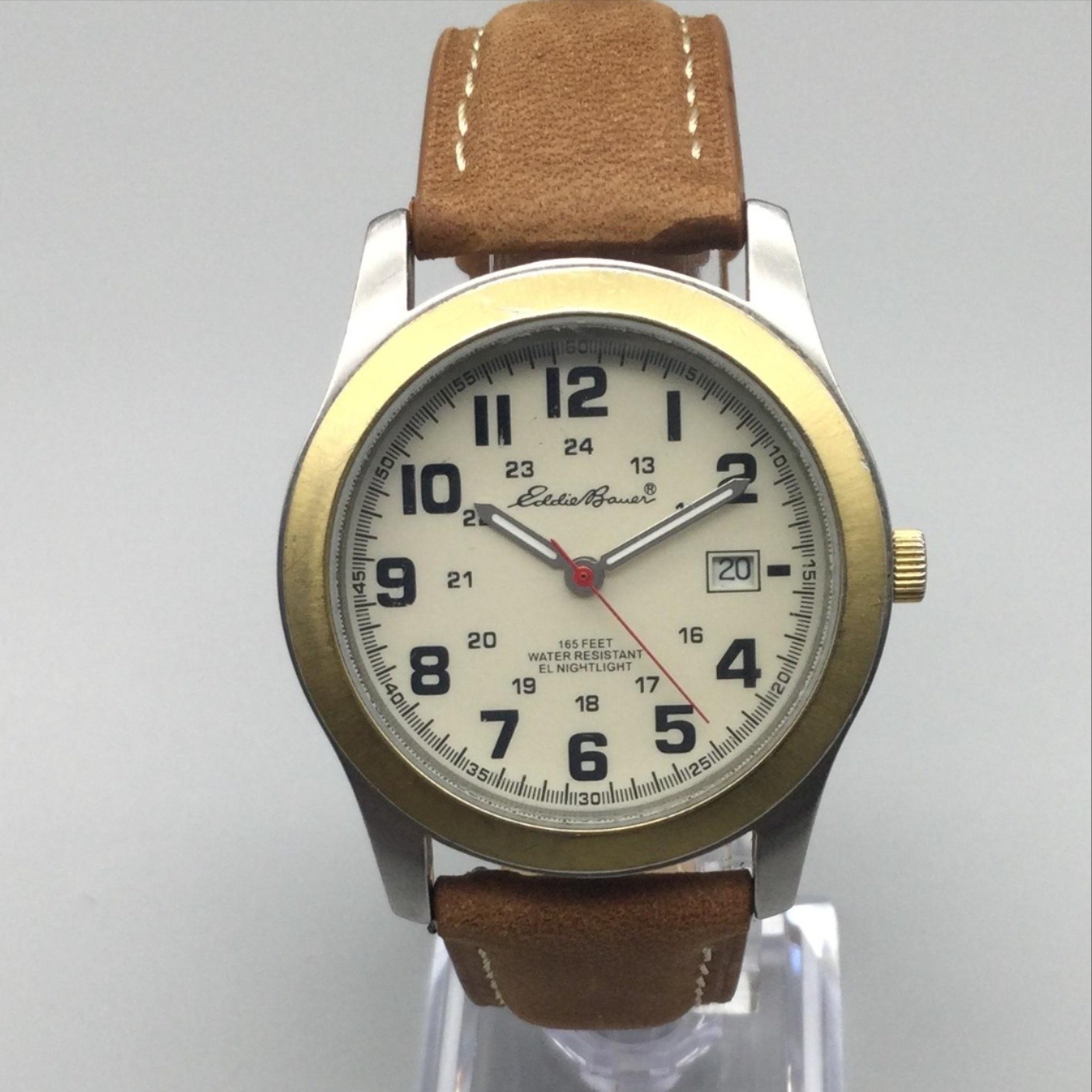 Eddie Bauer Mens Watch 37mm Two Tone Cream Dial Brown Leather Date New Battery