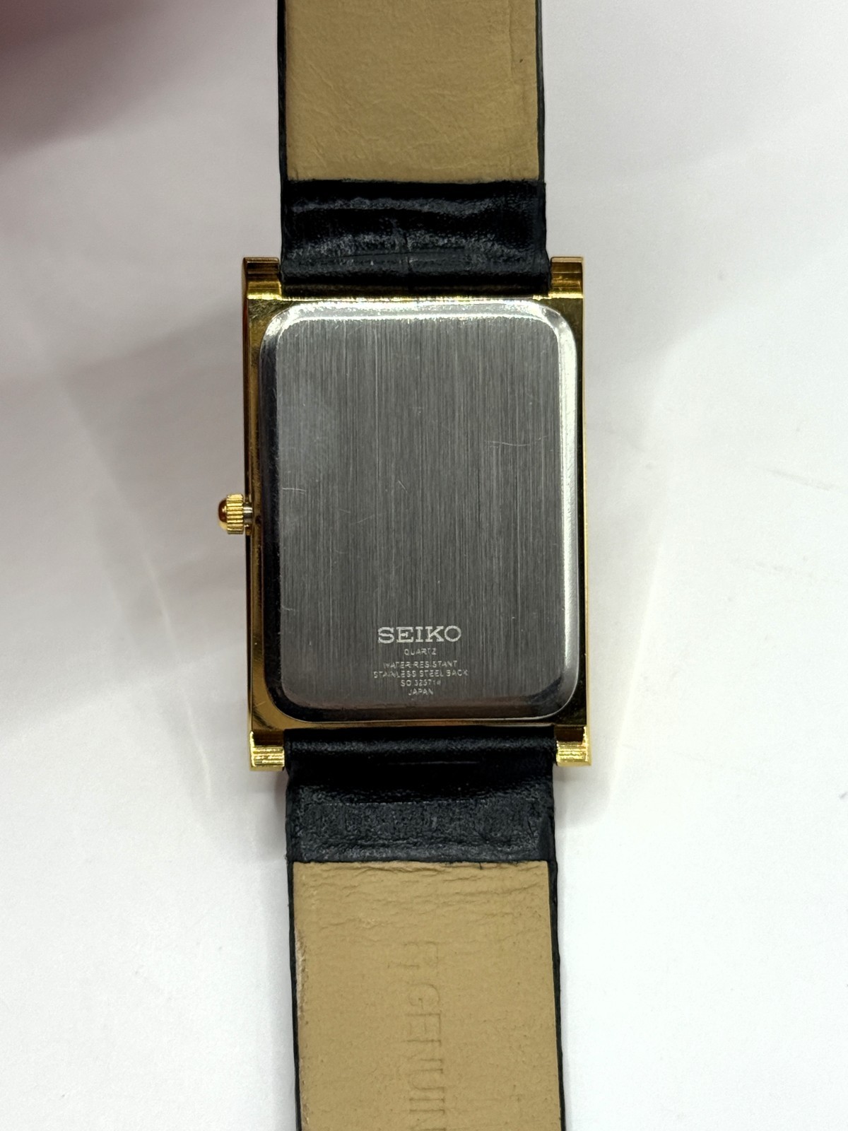 Vintage Refurbished Seiko Rectangular White Dial Black Faux Leather Strap