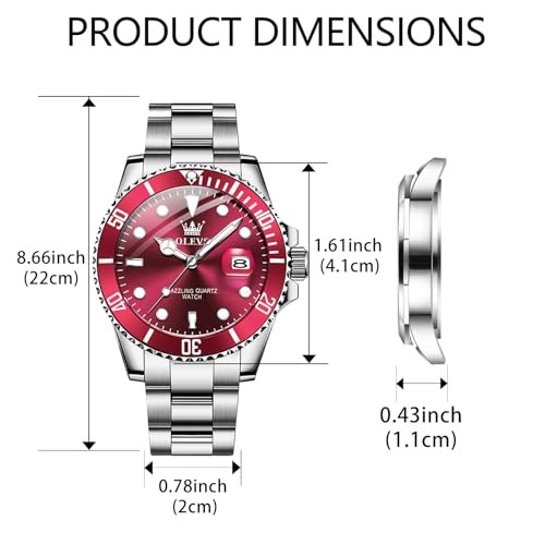 Men Watch,Big Dial Watches for Men Stainless Steel sliver band red face-G5885G