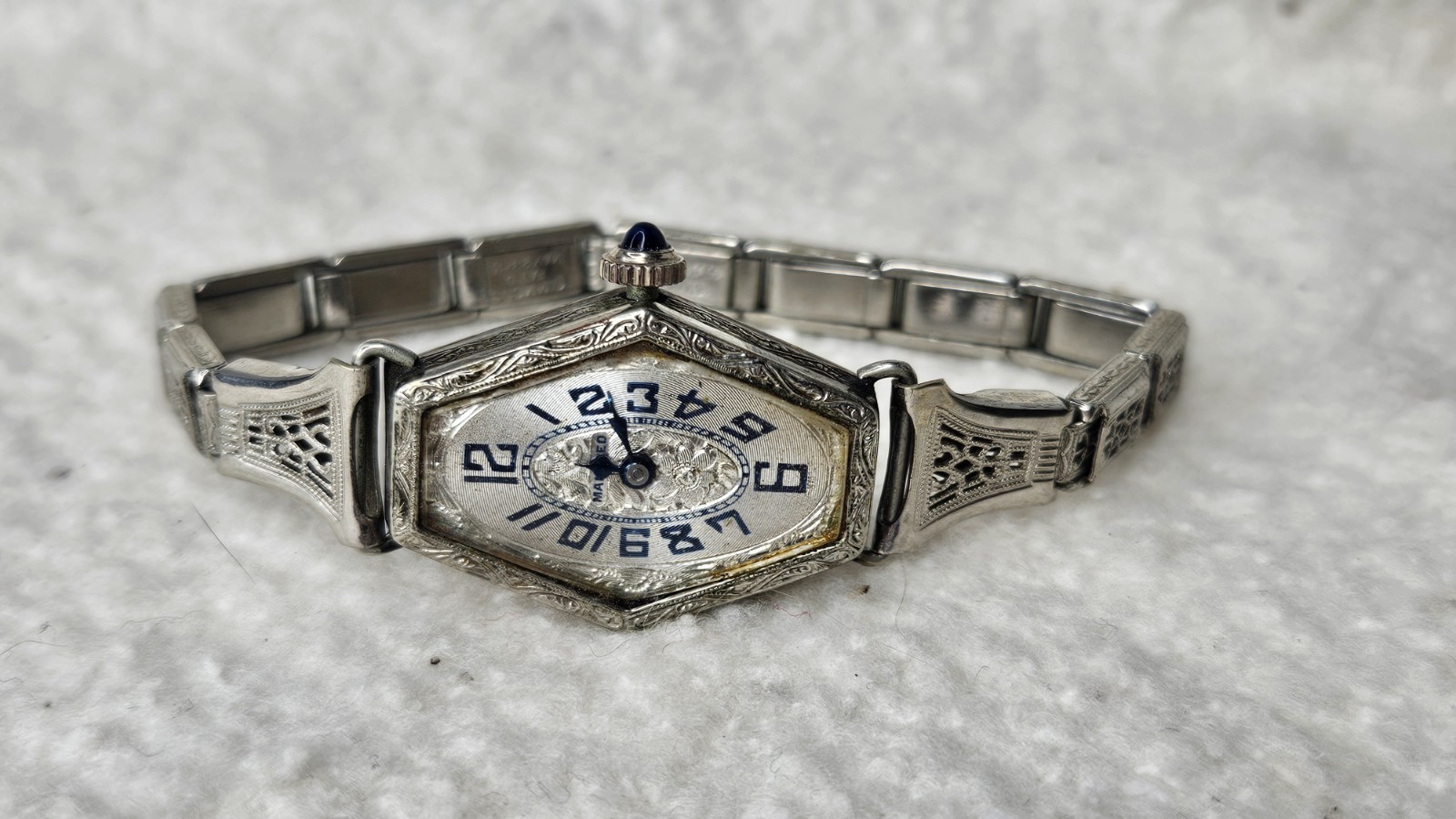 Art Deco Manfred 18KT White GF Mechanical Windup Ladies Watch-16 Jewels -WORKS