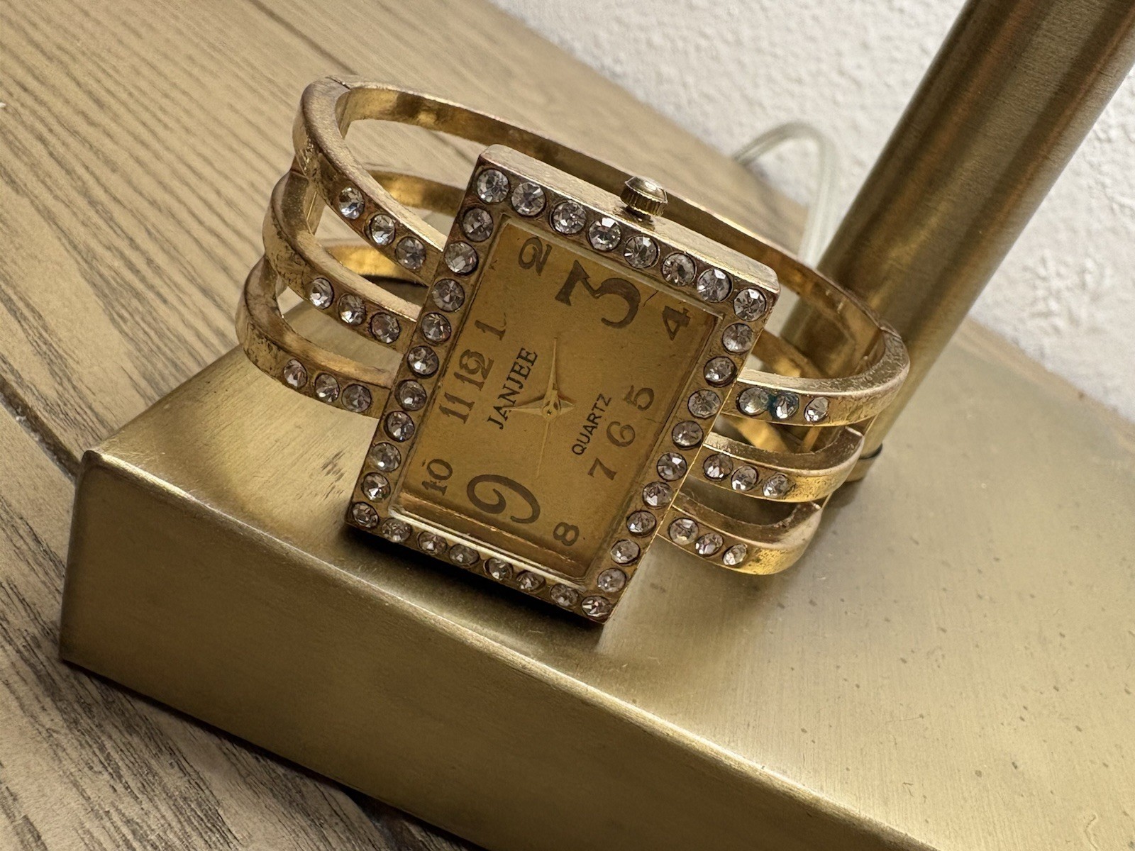 Gold tone rhinestone watch with adjustable bangle #bling #watch