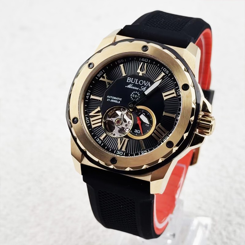 Bulova Marine Star A 98A272 Black Gold Dial Rubber Strap Automatic Men’s Watch