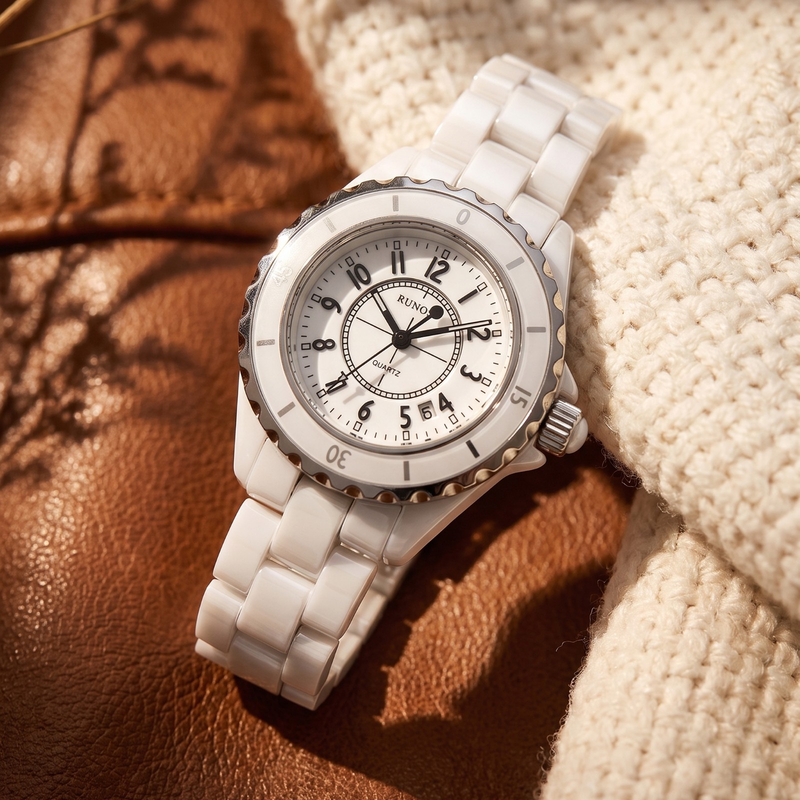 VORSEL Womens White Ceramic Watch Elegant Quartz Analog Wristwatch