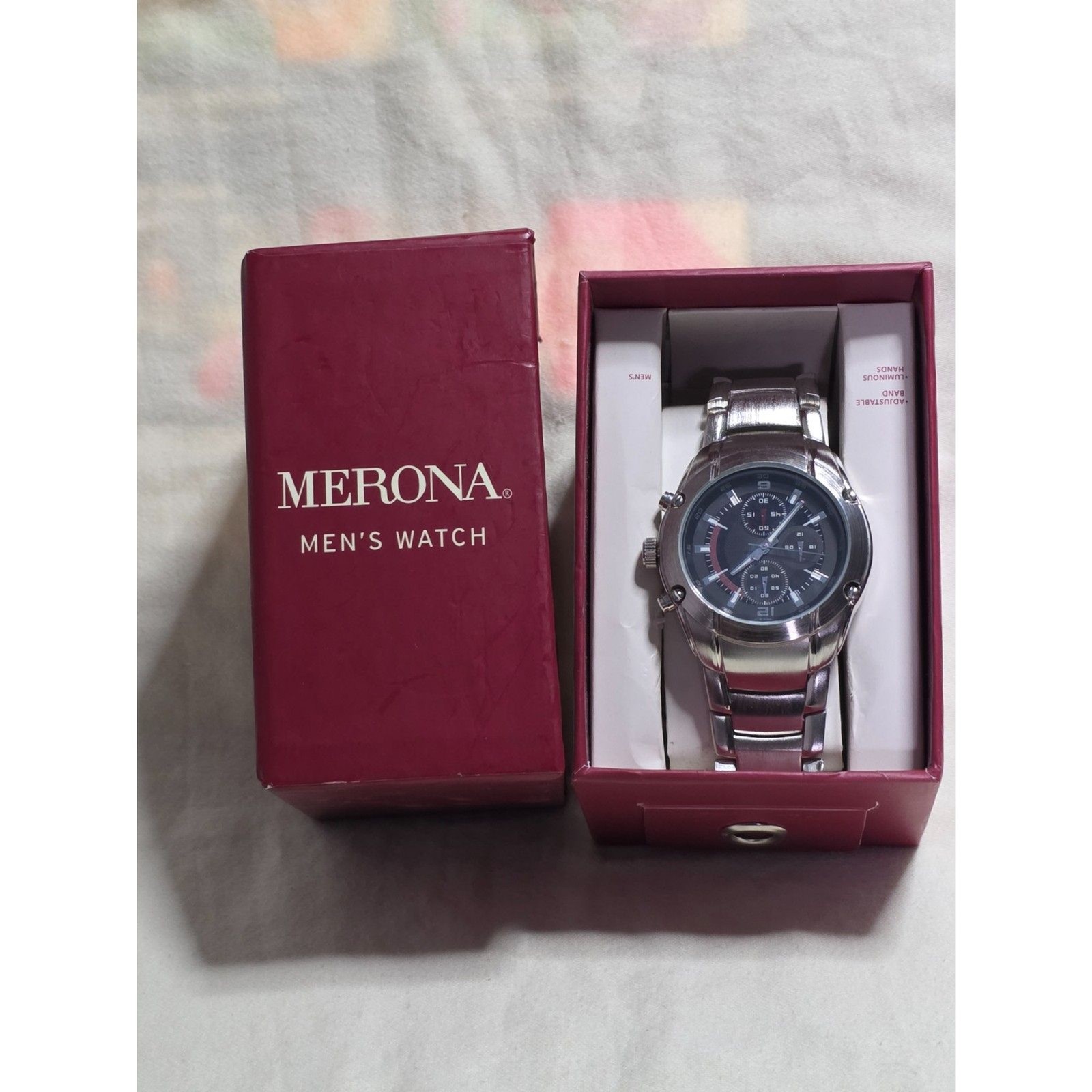 Merona Mens Chronograph Style Stainless Steel Quartz Watch New Old Stock