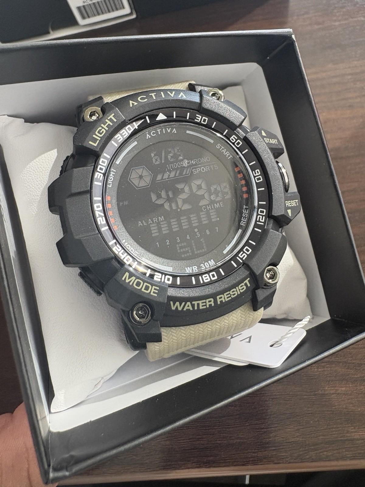 ACTIVA Men’s Digital Sport Quartz Chronograph Alarm 30m Beige Strap Box
