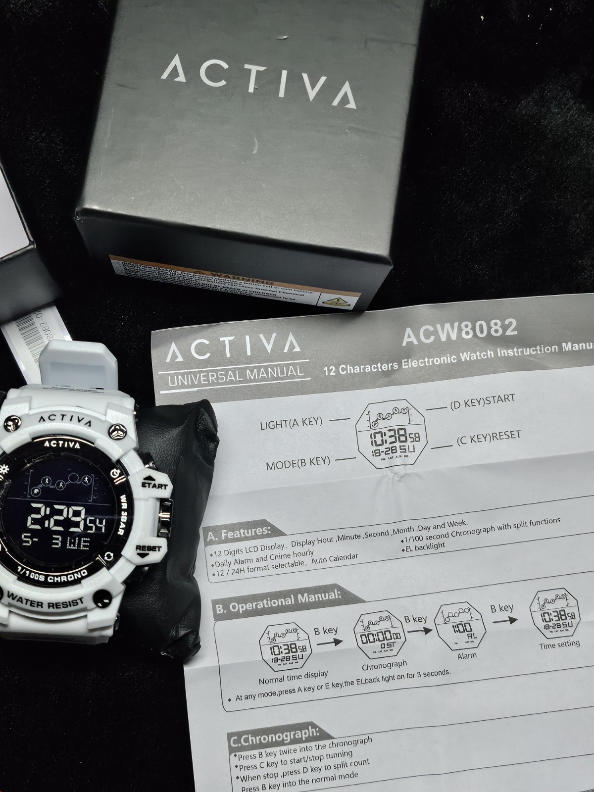 Activa Digital Quartz Sport Watch Chronograph Alarm Backlight Day/Date 30m White