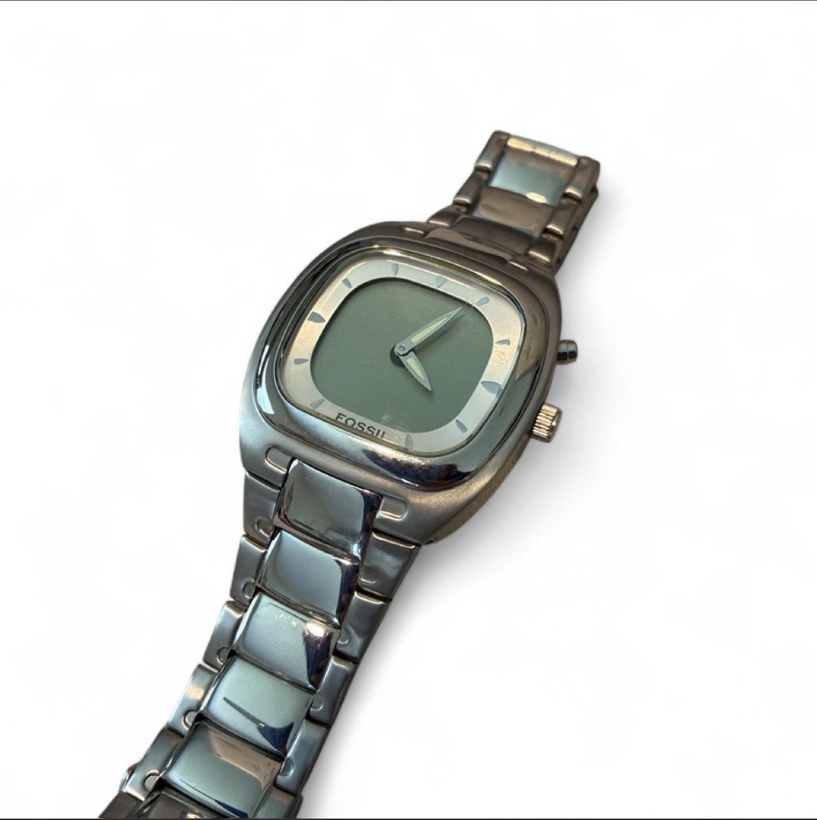 Fossil Womens Quartz Analog Cushion Watch Silver Steel Bracelet Gray Dial