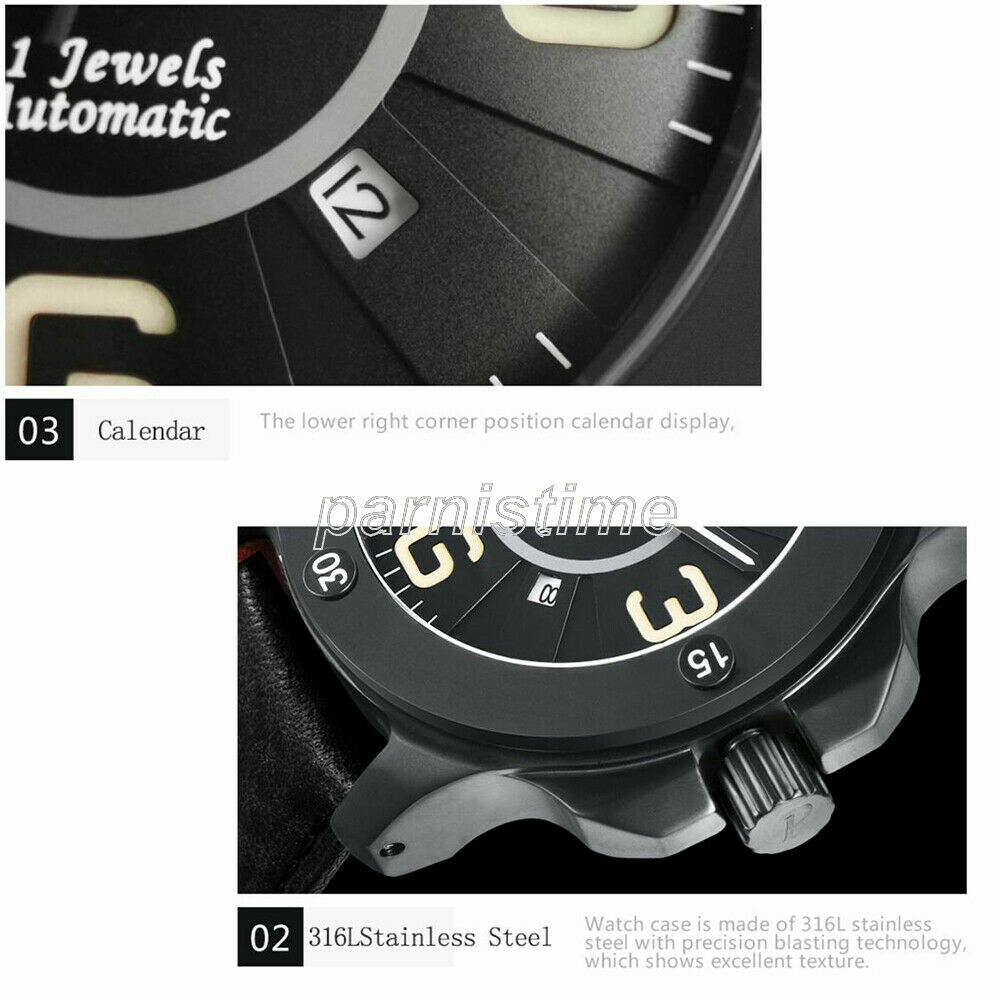47mm Parnis Luminous Marker Miyota Automatic Men’s Military Watch Sapphire Glass