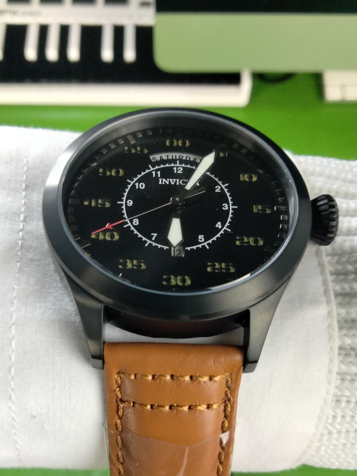 Invicta Aviator 22974 Men Black Case & Dial Tan Leather Strap Quartz Watch 45 mm