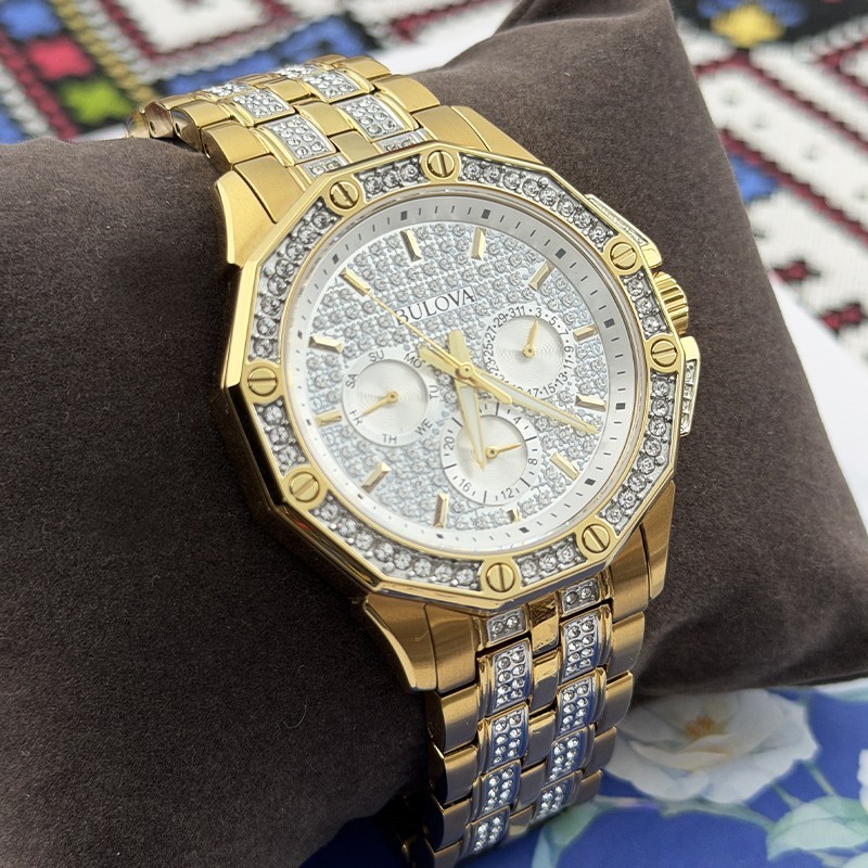 Bulova Men Crystal Octava 98C126 Gold Silver Dial Diamond Quartz Watch 41.5mm