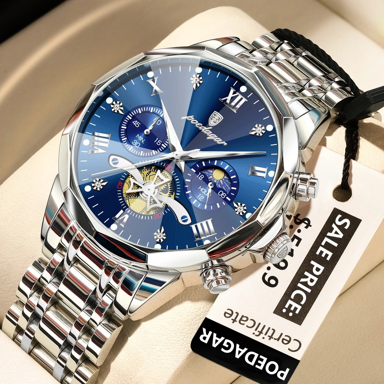 POEDAGAR Mens Quartz Watch Stainless Steel Waterproof Luminous Chronograph