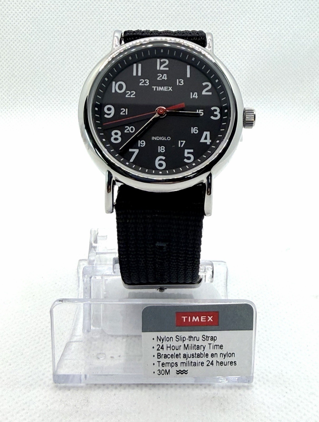 Timex Weekender T2N6479J 38mm Black Dial INDIGLO Nylon Slip-Thru Watch | New