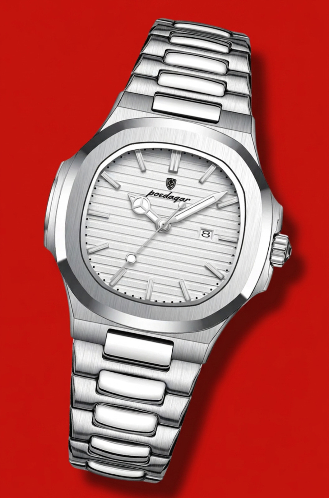 Men Luxury Quartz All Silver Watch Luminous Stainless Steel White Dial Poedagar