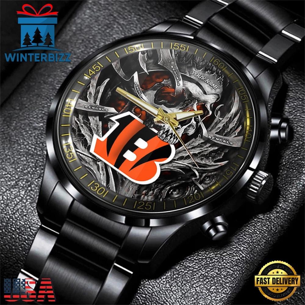 Custom Name Cincinnati Football Team Bengalss Men Black Stainless Steel Watch