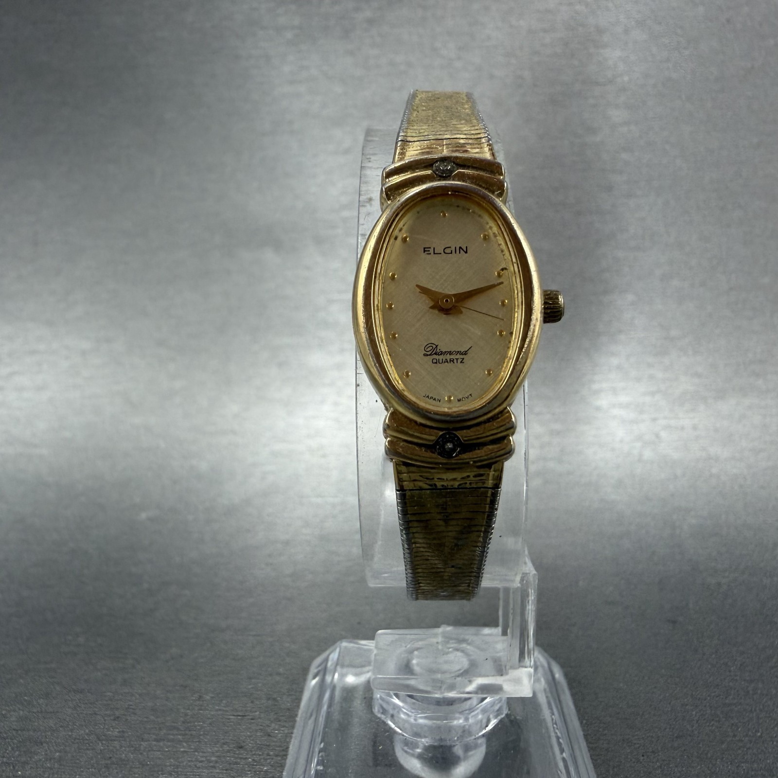 Elgin Watch Women 16mm Champagne Dial Gold Tone Oval Diamond Quartz New Battery