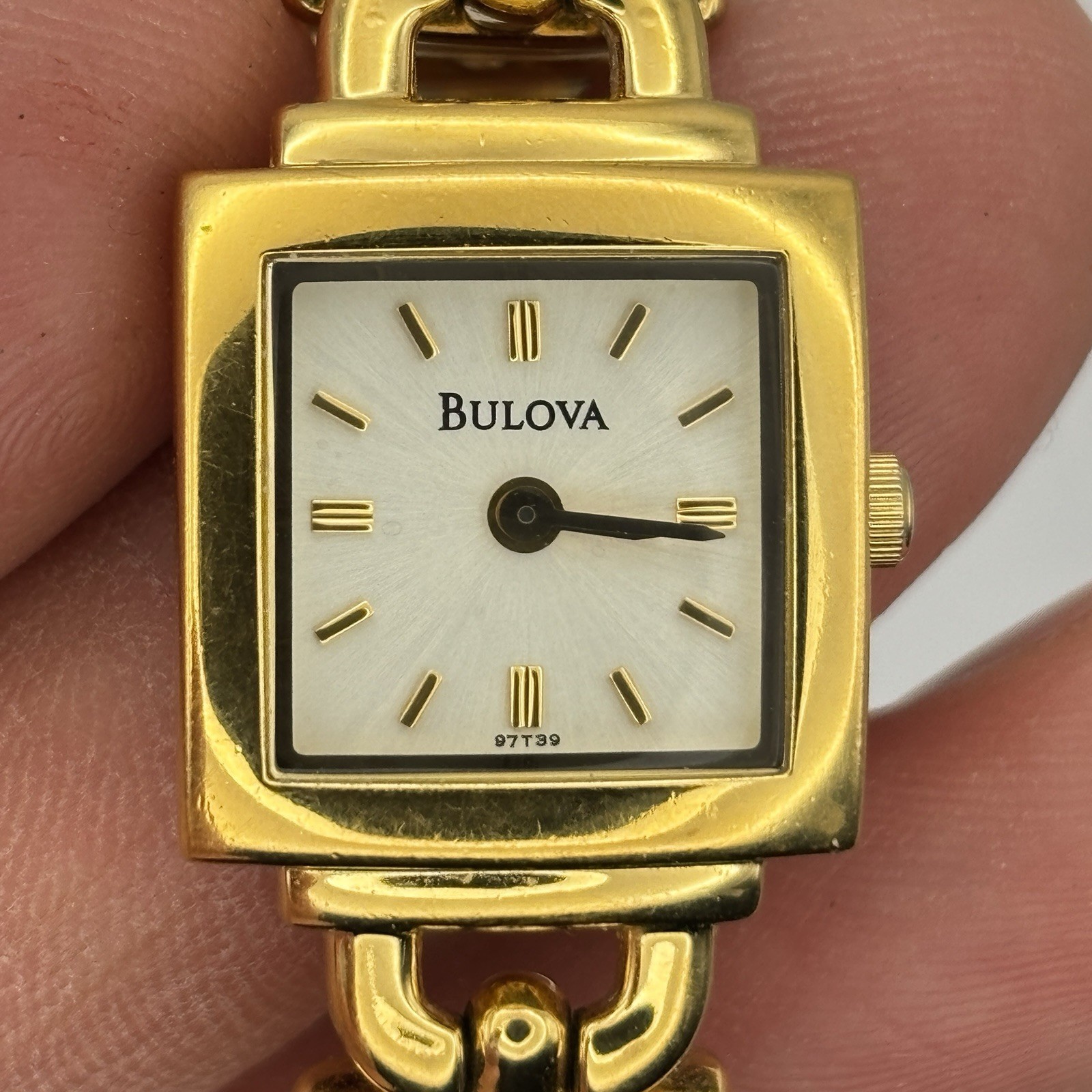 Bulova Watch Women 18mm Gold Tone 97T39 Square Silver Dial #8.4