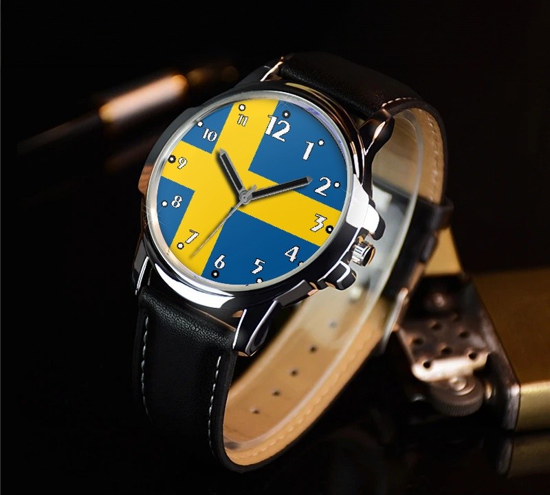 Flag Of Sweden Collectable Leather Strap Big Dial Gift Wrist Watch