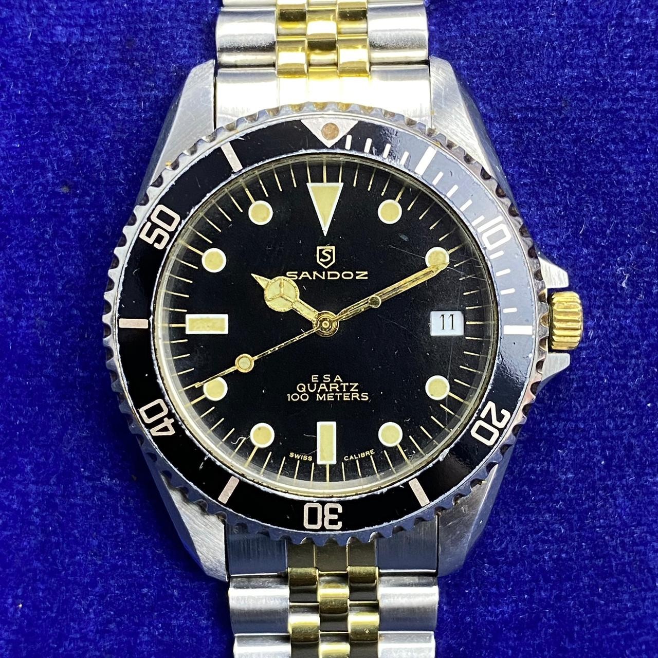 RARE Sandoz Diver ESA Quartz Black Dial Black Bezel TwoTone Date Vintage Watch