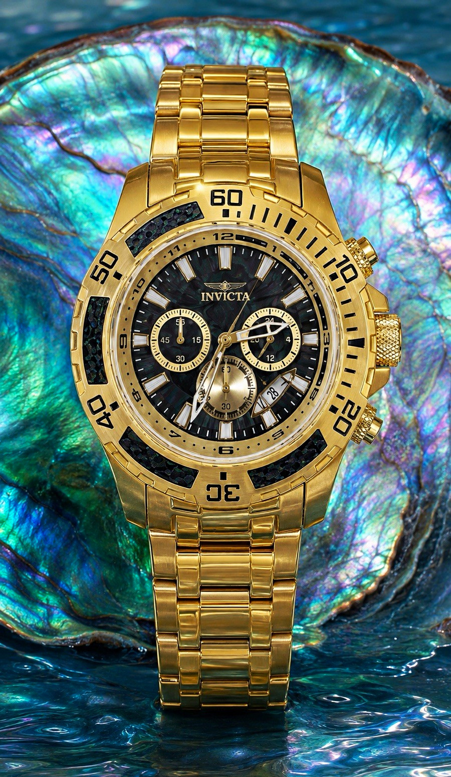 NEW Invicta Pro Diver SCUBA Mens Watch 51mm Gold SS Abalone Dial Chronograph