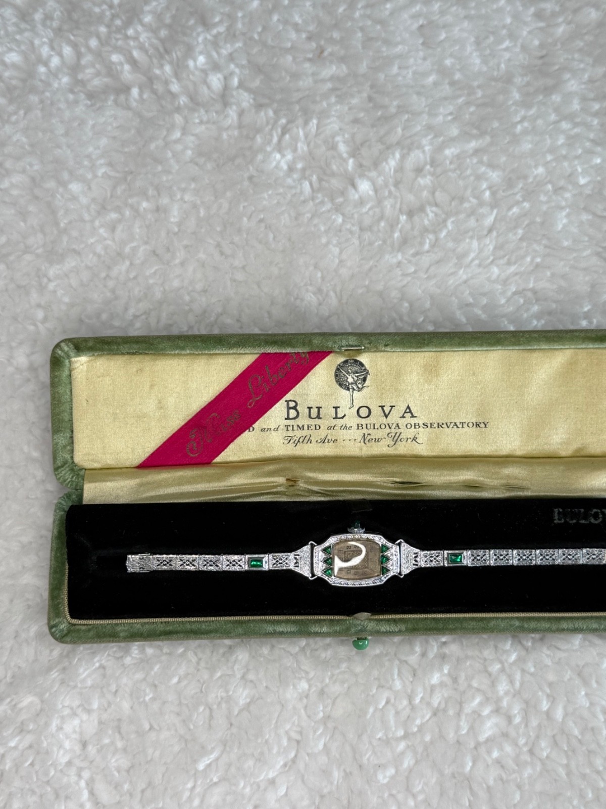 Vintage 1929 Ladies Bulova “Miss Liberty” wristwatch with emeralds