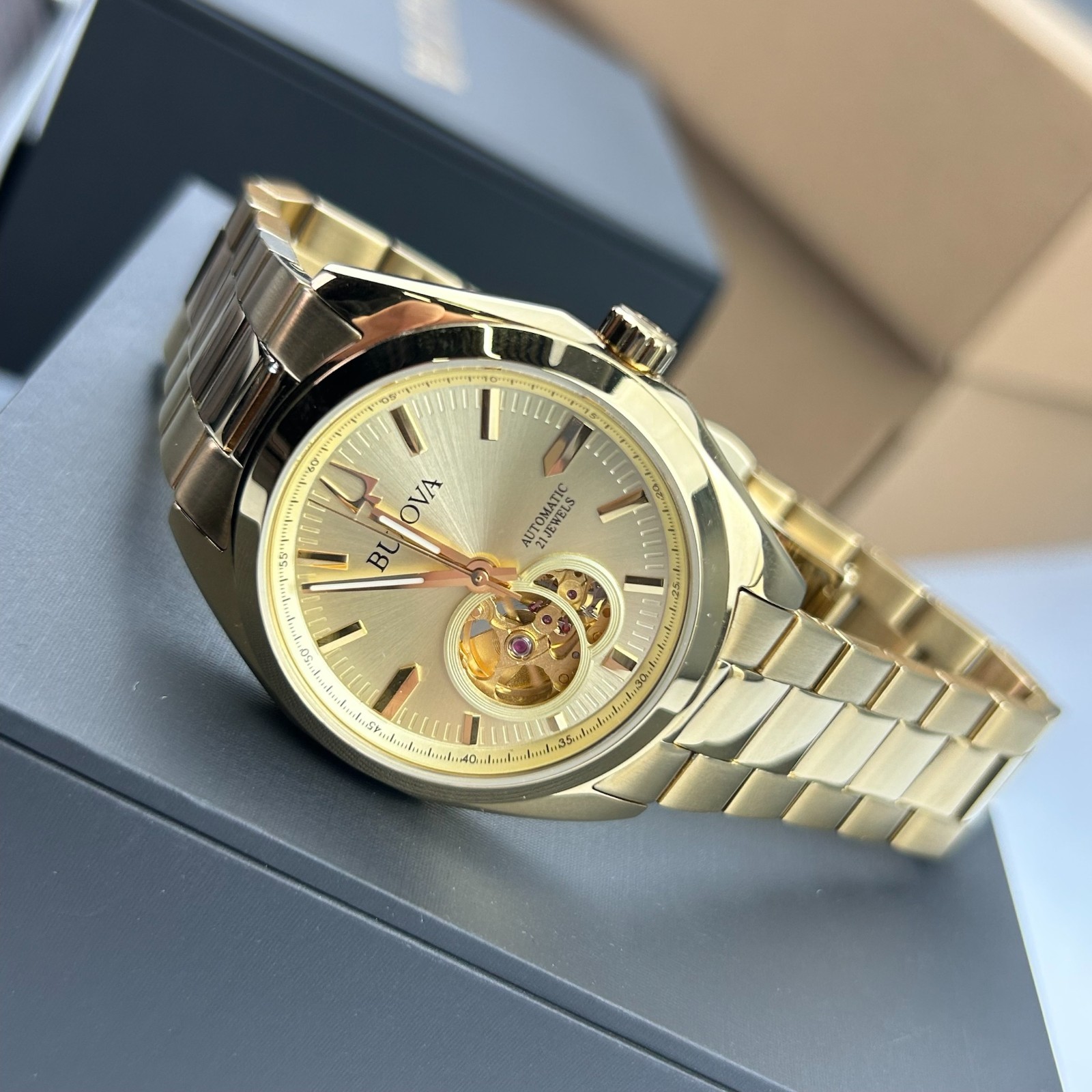 Bulova Surveyor Classic 97A182 Automatic Gold Tone Dial Men’s Watch 39mm New/Box