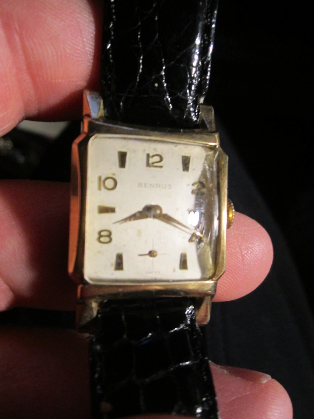VINTAGE BENRUS TANK WATCH – CURVED CRYSTAL – 10K ROLLED GOLD PLATE BEZEL – OFC-R